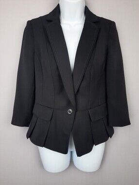 White House Black Market Solid Black Single Button 3/4 Sleeve Peplum Blazer 4